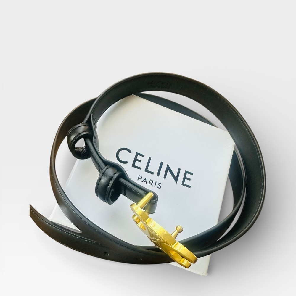 Celine Paris Black Leather Triomphe Belt Gold Hardware EU 110 Never Worn w/ Box - Picture 10 of 11